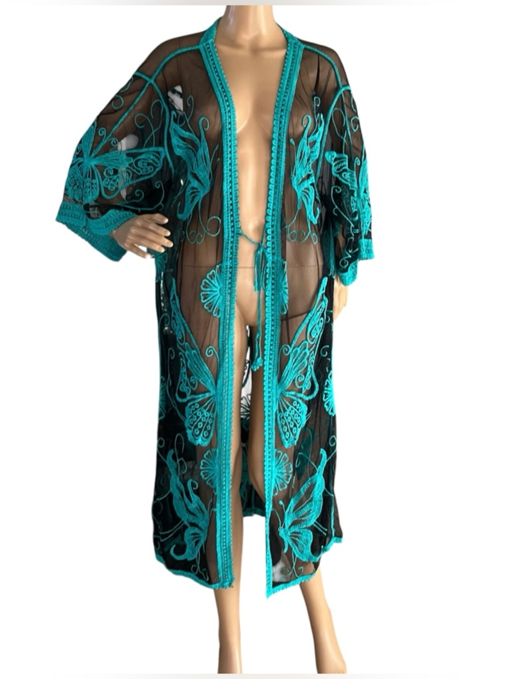 Sheer Black Kimono with Turquoise Embroidered Butterflies